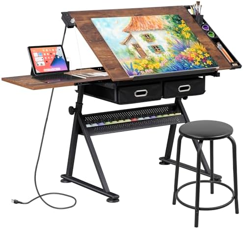 Art Craft Wood - Adjustable Drafting Table with Stool, Tilting